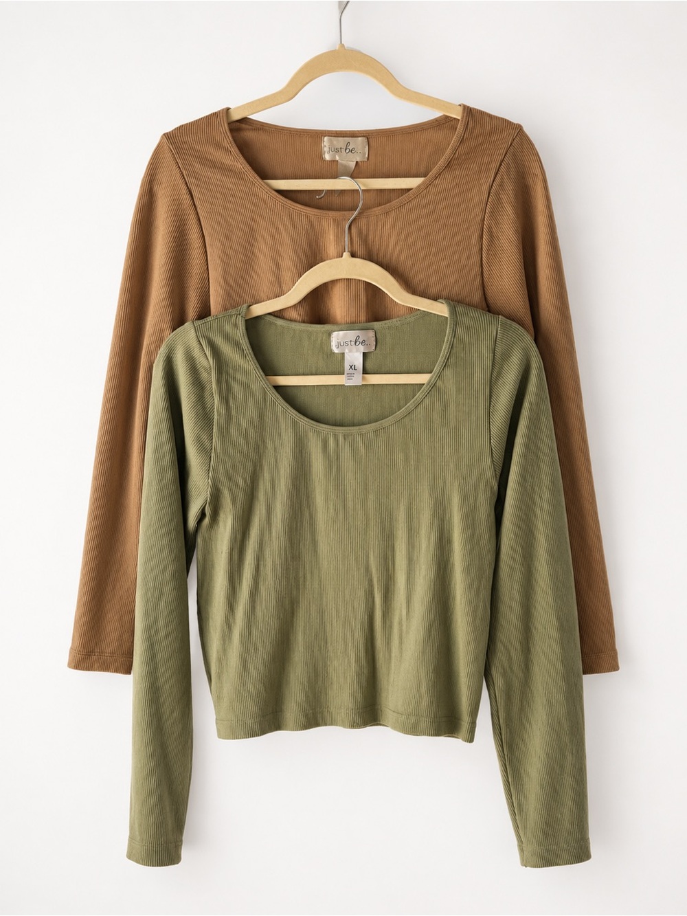 Just Be Ribbed Long Sleeve Crop Tops 2 Pack Green Tan XL Soft Stretch
